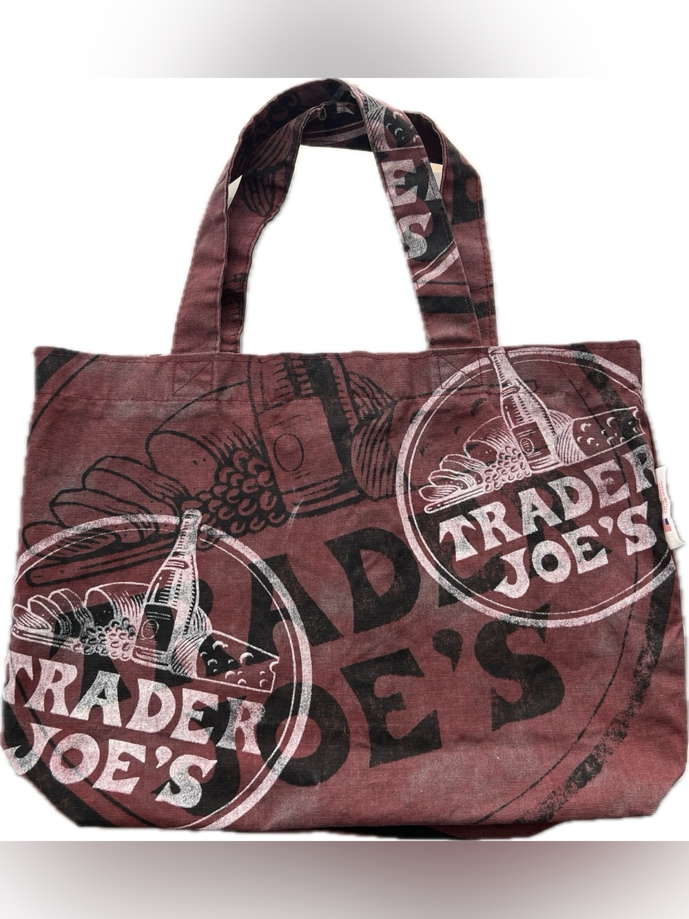 🍷🧀Rare Vtg 2000s Trader Joe's Burgundy Tote Bag Made In USA Lowell MA